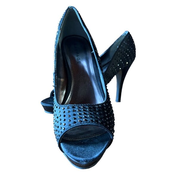 Rampage Black Studded Satin Peep-Toe Platform Heels Womens Size 8 Elegant Party - Picture 1 of 6